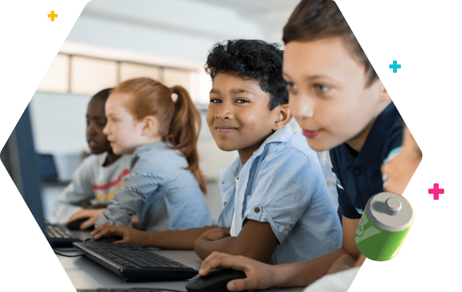 Elemenary schools kids lin a computer science classroom 